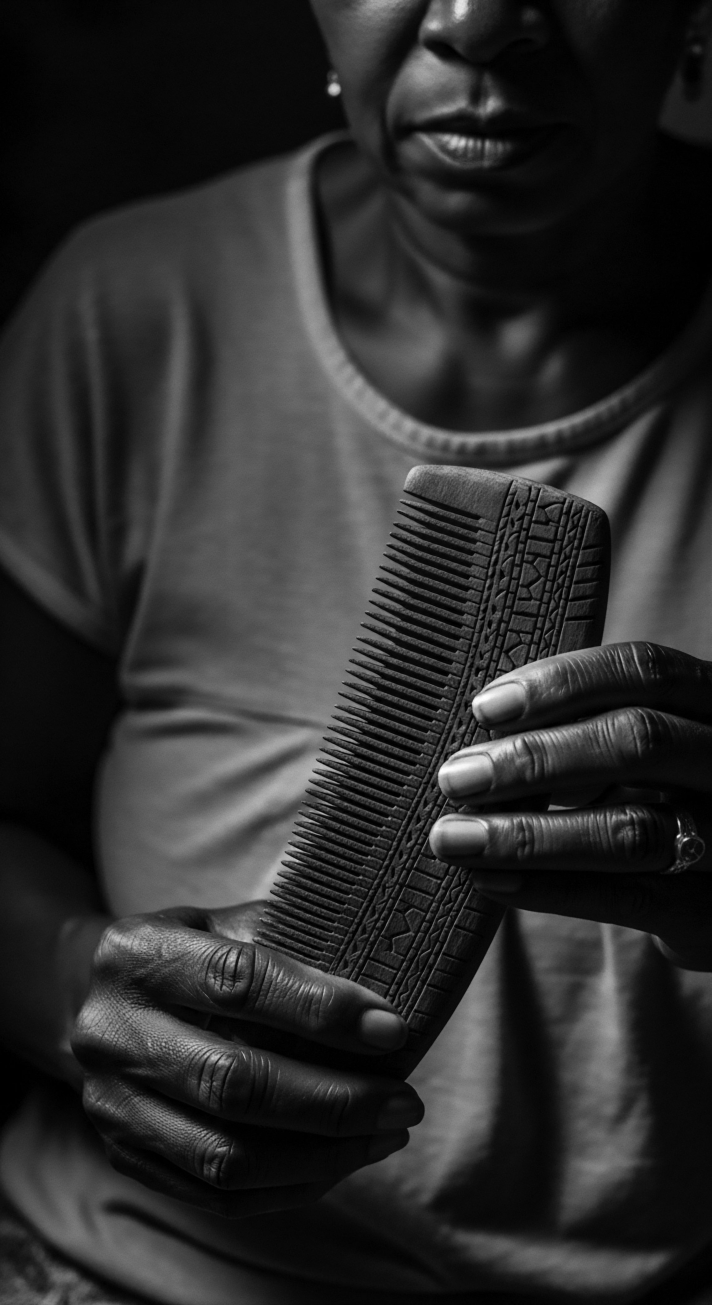 Woman Holds Ornate Wooden Comb Textured Hair Care Heritage Portrait Black and White This intimate black and white composition highlights the cultural significance of hair care for Black women, as the woman holds a handcrafted wooden comb, visually linking the tangible object to broader narratives of identity, heritage, self-esteem, and embracing unique hair textures and patterns as a celebration of ancestral strength.