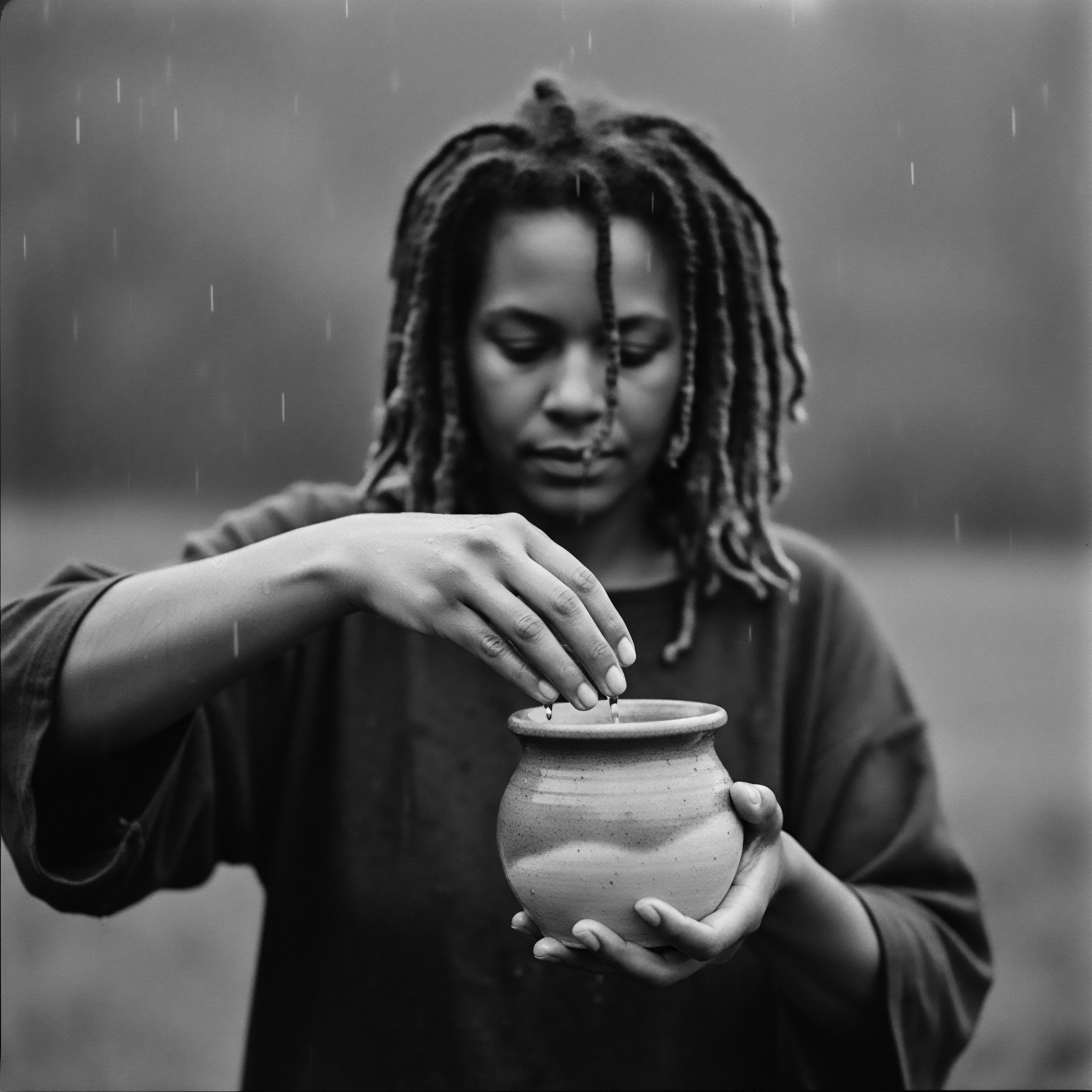 Woman Pours Seeds Offering Ancestral Hair Heritage in Gentle Rain Black White In the quiet of a rainfall, the woman's gesture embodies ancestral reverence, pouring seeds into a vessel as an offering, symbolizing the passing down of knowledge, haircare traditions, heritage, and a commitment to nurturing the coil, wave, spring, helix, spiral, undulation, texture, pattern, formation of natural hair.