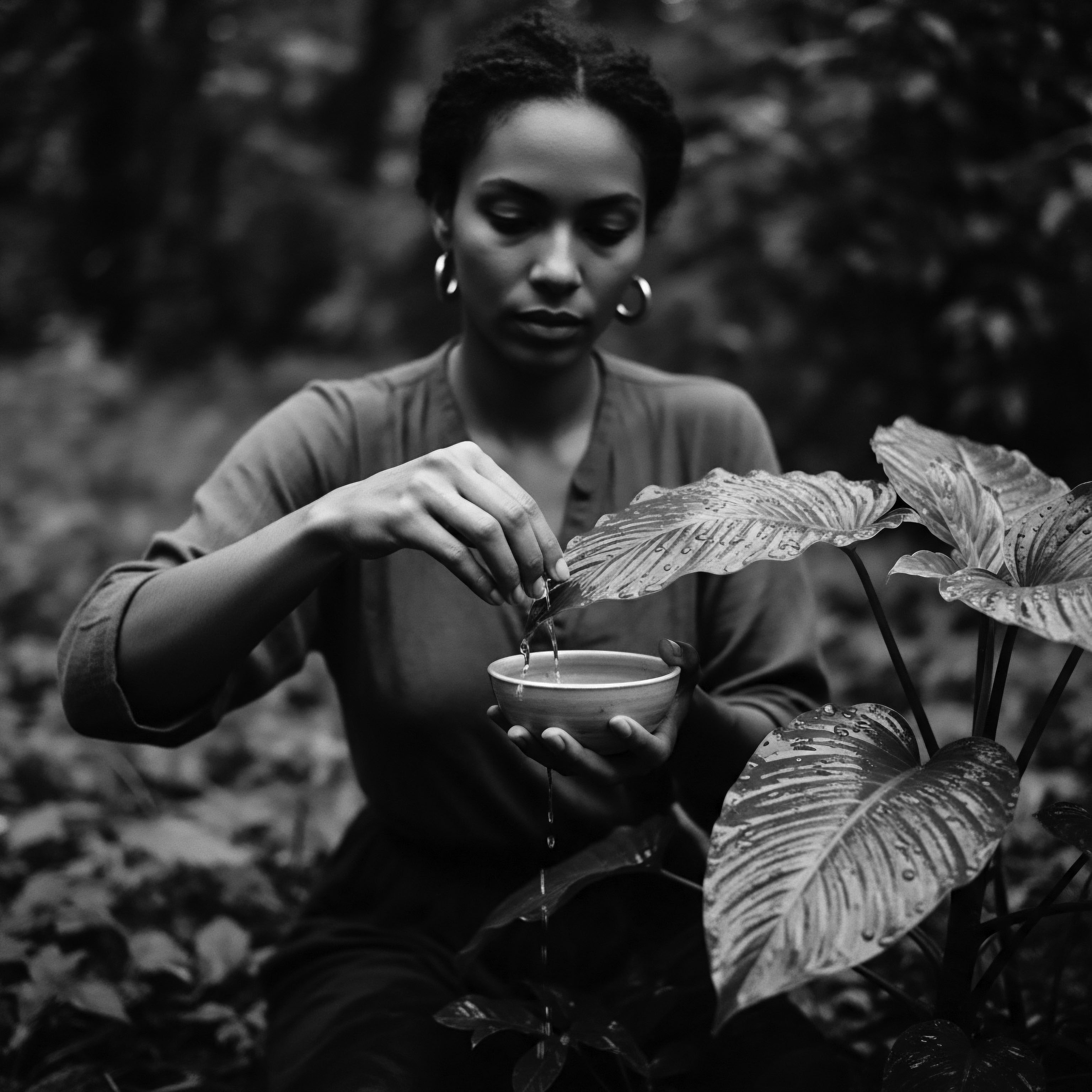 Woman Practices Holistic Textured Hair Care Ritual in Natural Setting Inspired by nature’s bounty, the image captures a deeply personal ritual, reflecting the essence of traditional textured hair care practices passed down through generations. This moment illustrates ancestral heritage, fostering healing and celebrates the inherent beauty found in the union of nature, holistic self-care, and textured hair identity.