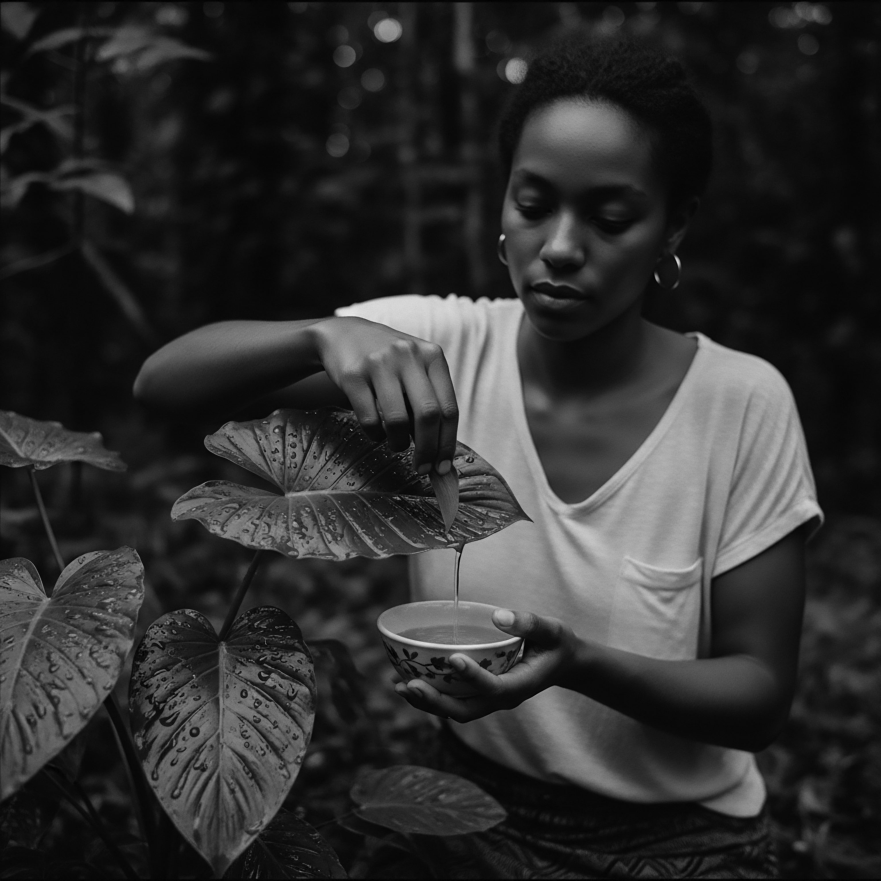 Woman Practices Holistic Wellness with Hydration and Native Plant Rituals Invoking centuries of heritage, this image reveals a connection to natural sources. The practice reminds us of the traditional wisdom passed down through generations. It exemplifies the importance of botanical ingredients for textured hair's holistic vitality, mirroring nature's gentle embrace and promoting authentic ancestral practices.
