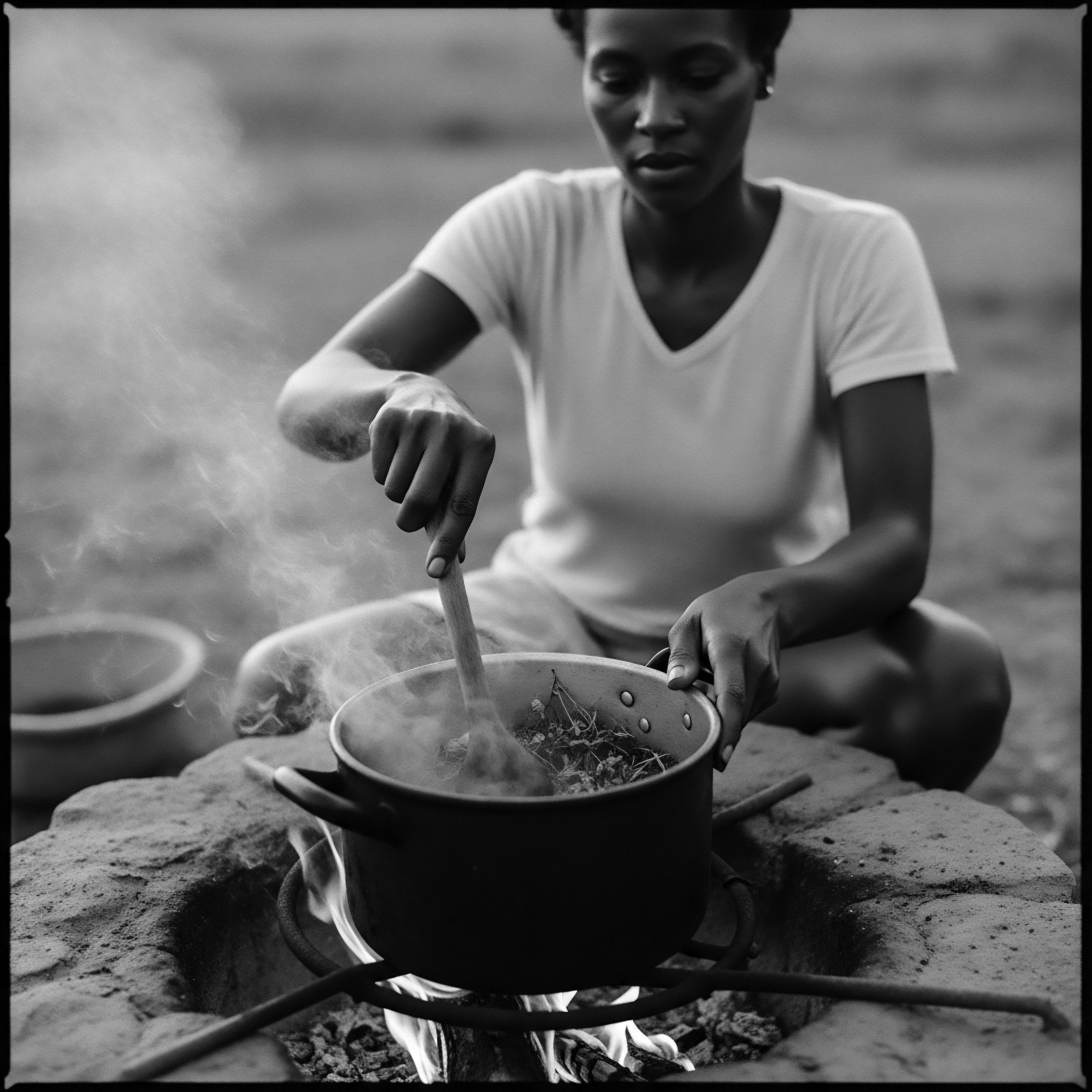 Woman Prepares Holistic Hair Remedy Over Open Fire Black and White With focused intent, a woman stirs simmering botanicals over flames, connecting to generational wisdom and holistic textured hair care. The potent blend signifies a commitment to traditions, merging nature's bounty with the preservation of heritage through carefully curated wellness rituals.