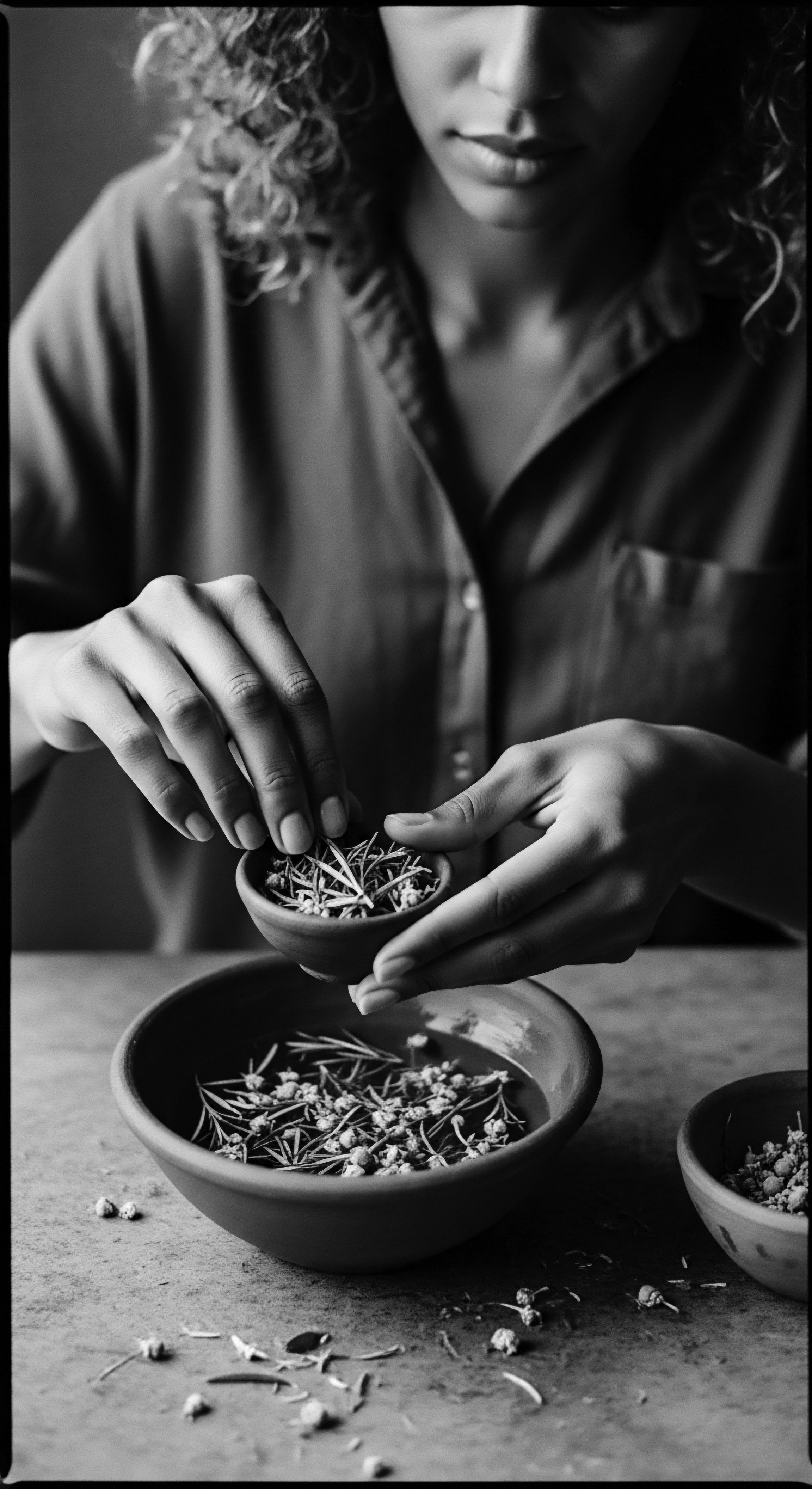 Woman Preparing Herbal Remedy with Textured Hair Focus Black and Brown Heritage Hands delicately combine ancestral botanicals, highlighting a deep connection between hair and heritage. The monochromatic tones capture the essence of tradition and holistic wellness, reflecting the artistry and nuanced textures of a historical ritual linked to Black and Brown communities.