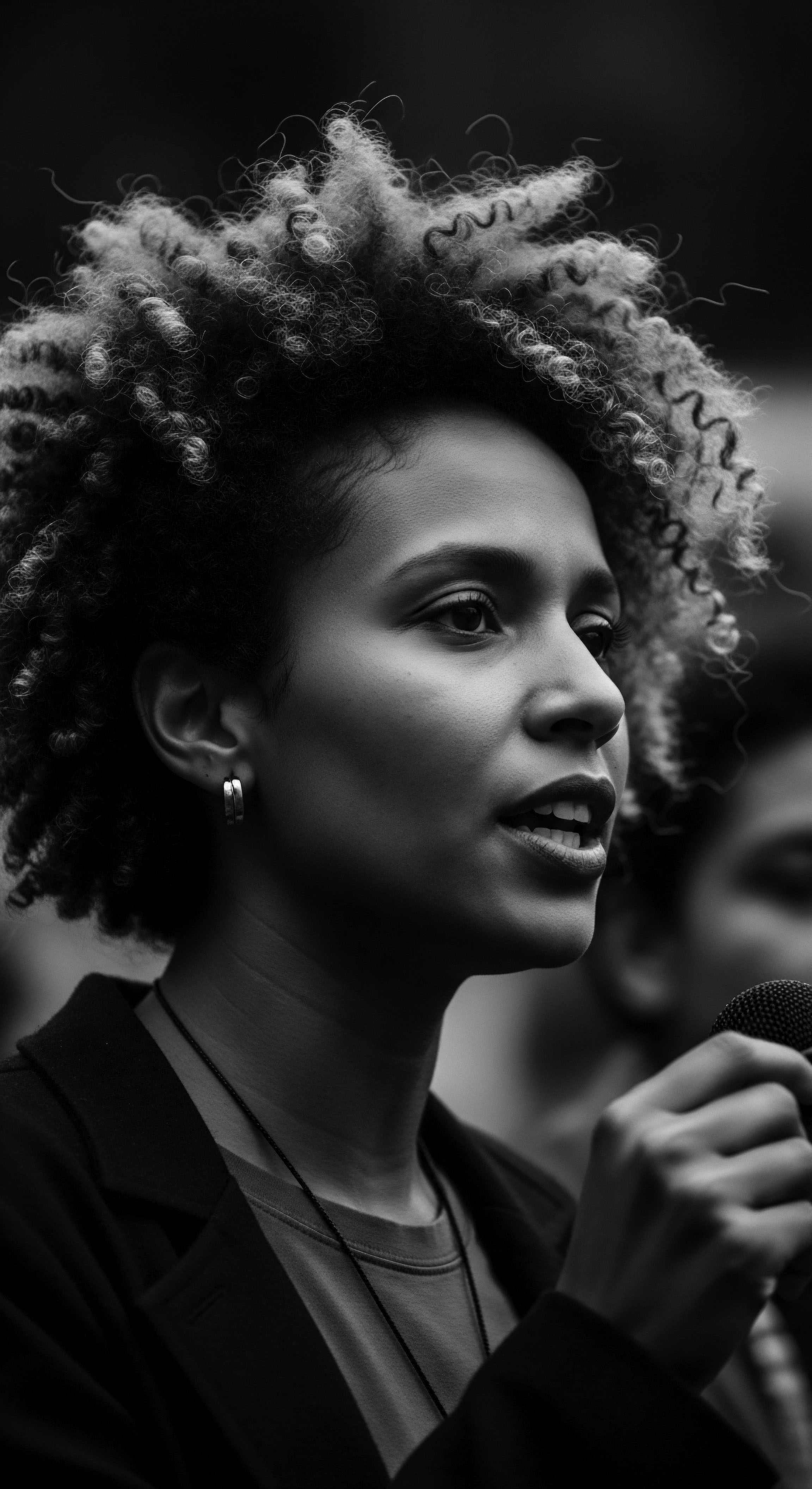 Woman Speaks Out Natural Coily Hair with Low Porosity Definition Eloquent advocacy meets natural hair excellence in this monochrome study, showcasing defined coils, high-density hair, and cultural heritage. The subject's confident expression is accentuated by the healthy hair strands, deeply rooted in ancestral knowledge and holistic care for sebaceous balance.