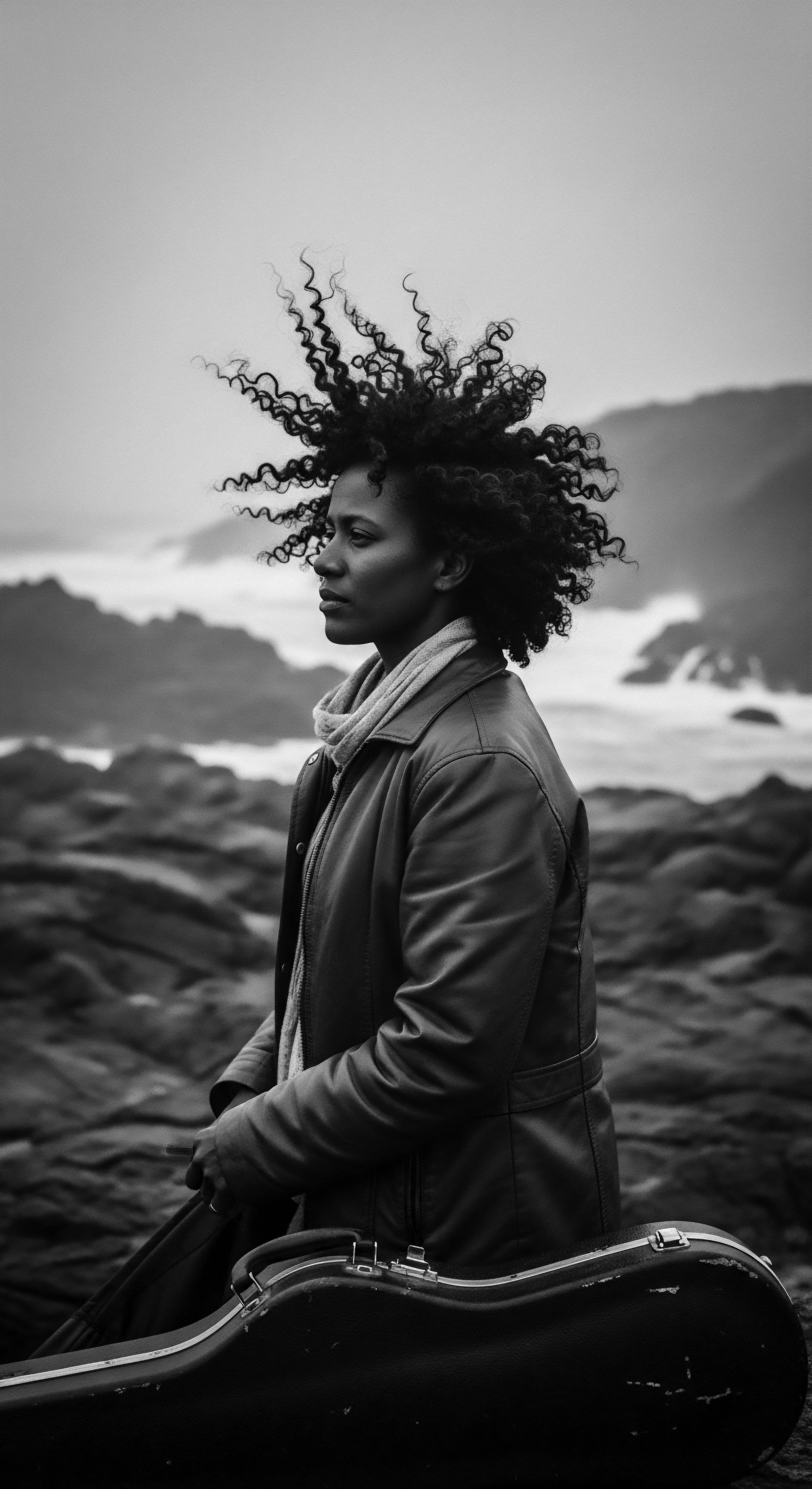 Woman with Afro Coils and Leather Coat by Rocky Seashore The image captures a moment of contemplation by the ocean, showcasing the beauty of afro coiled hair texture in striking contrast against the rugged coastal backdrop, symbolizing a powerful connection to natural landscapes and the cultural heritage of textured hair traditions.