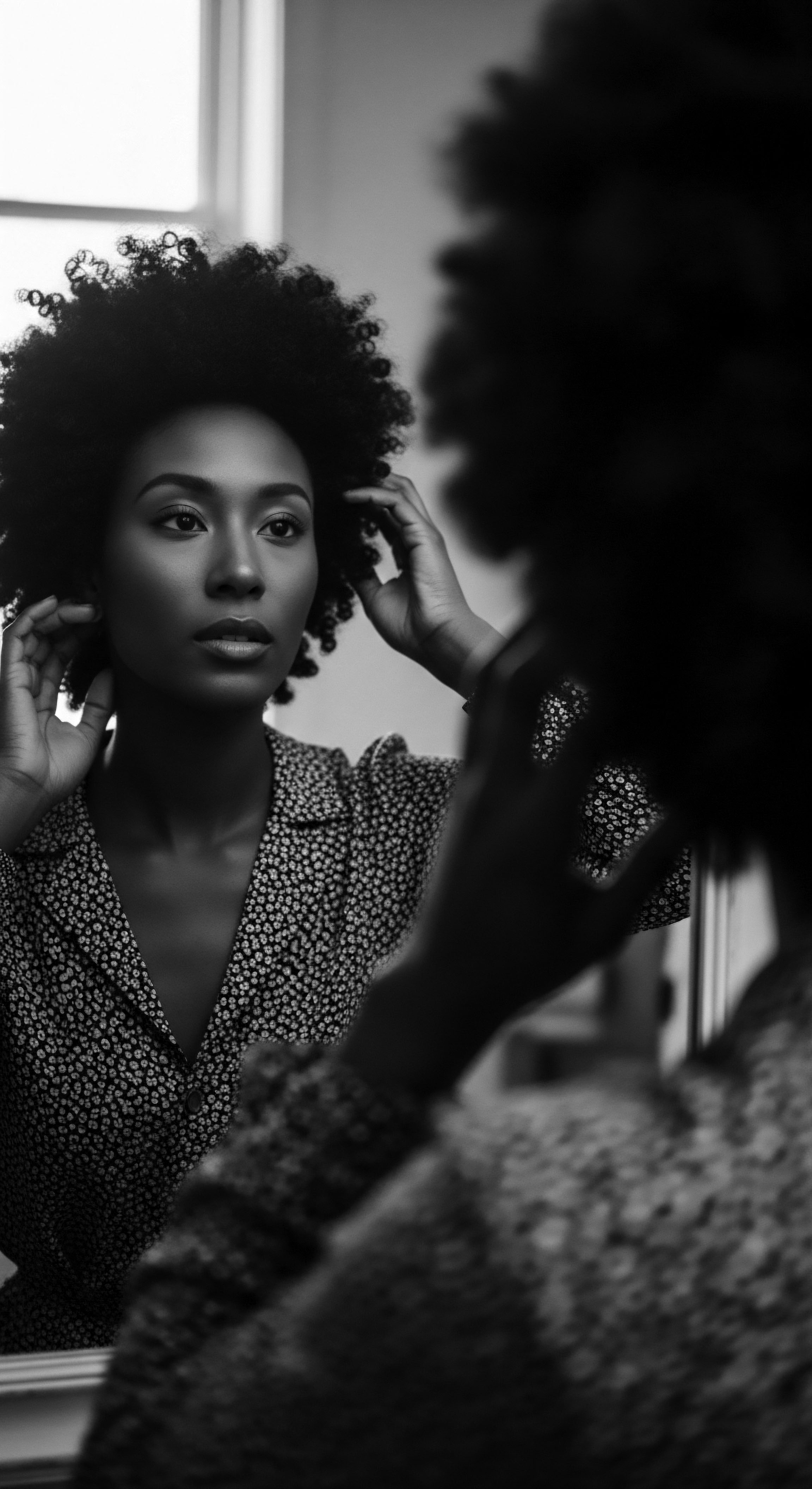 Woman with Afro Textured Hair Admiring Reflection in Mirror Black and White Captured in monochrome, a Black woman tends to her magnificent afro, reflecting a personal connection to heritage and self-expression. The soft light accentuates the intricate texture of each spring, promoting holistic care and embracing natural Black hair formations.