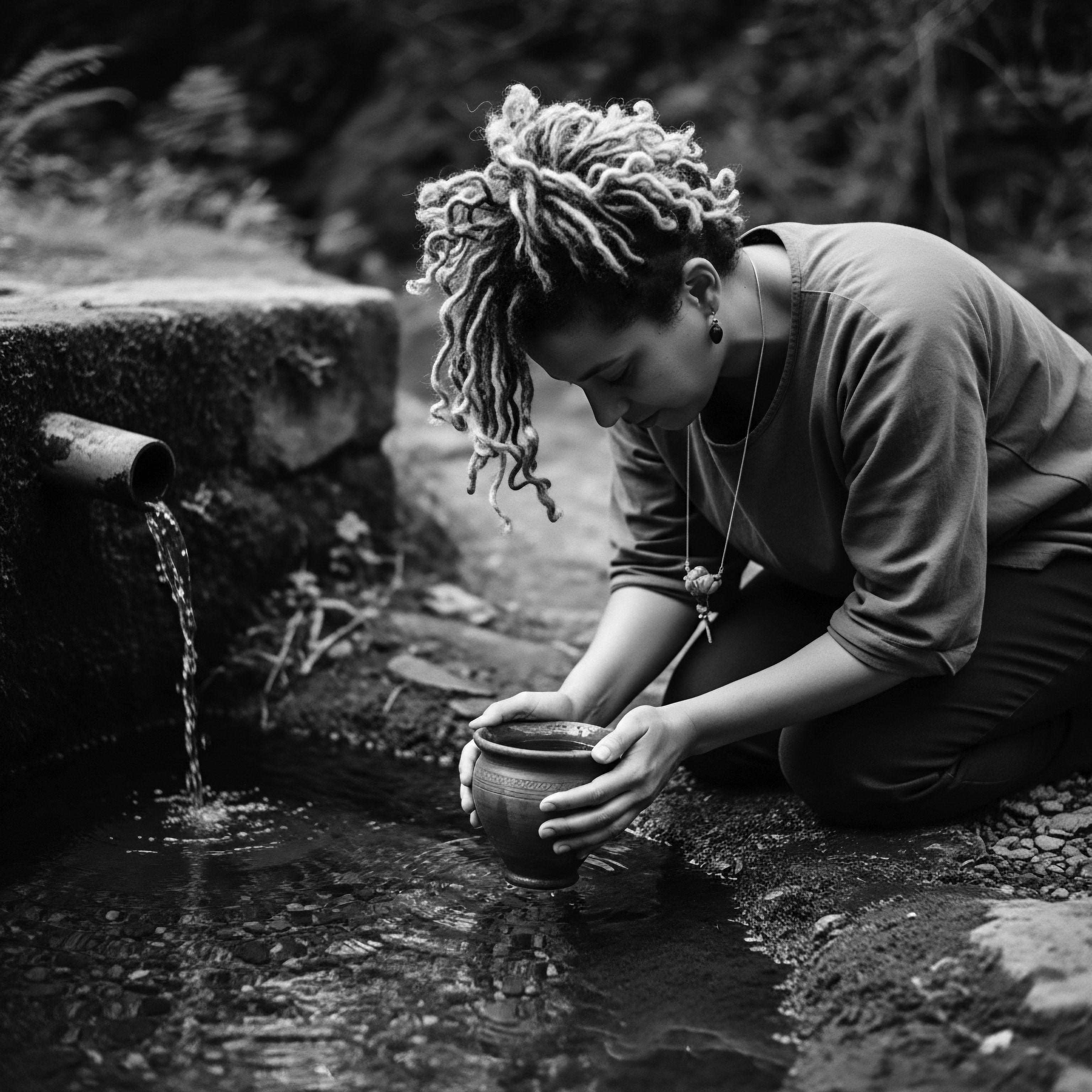 Woman with Coiled Hair Draws Water Ancient Fountain Black and White Drawing from ancient sources, the individual with coiled hair evokes ancestral ties to natural elements, reflecting a holistic approach to self-care deeply rooted in heritage, celebrating the enduring connection between water, wellness, and textured hair traditions through gentle replenishing rituals.