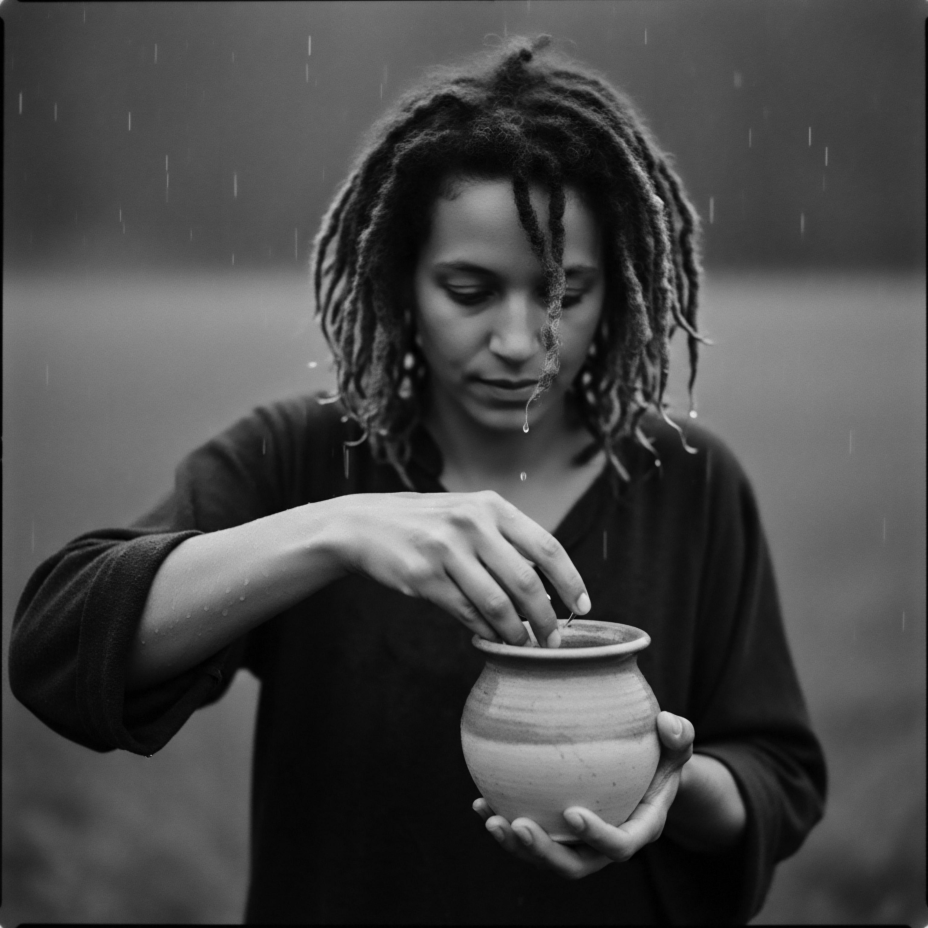 Woman with Locs in Rain Caring for Plant in Ceramic Pot This image captures the intimate bond between the individual, nature, and holistic self-care, symbolizing the rich heritage of textured hair practices passed through generations. It evokes traditions where ancestral care aligns with natural rhythms and expressive beauty.