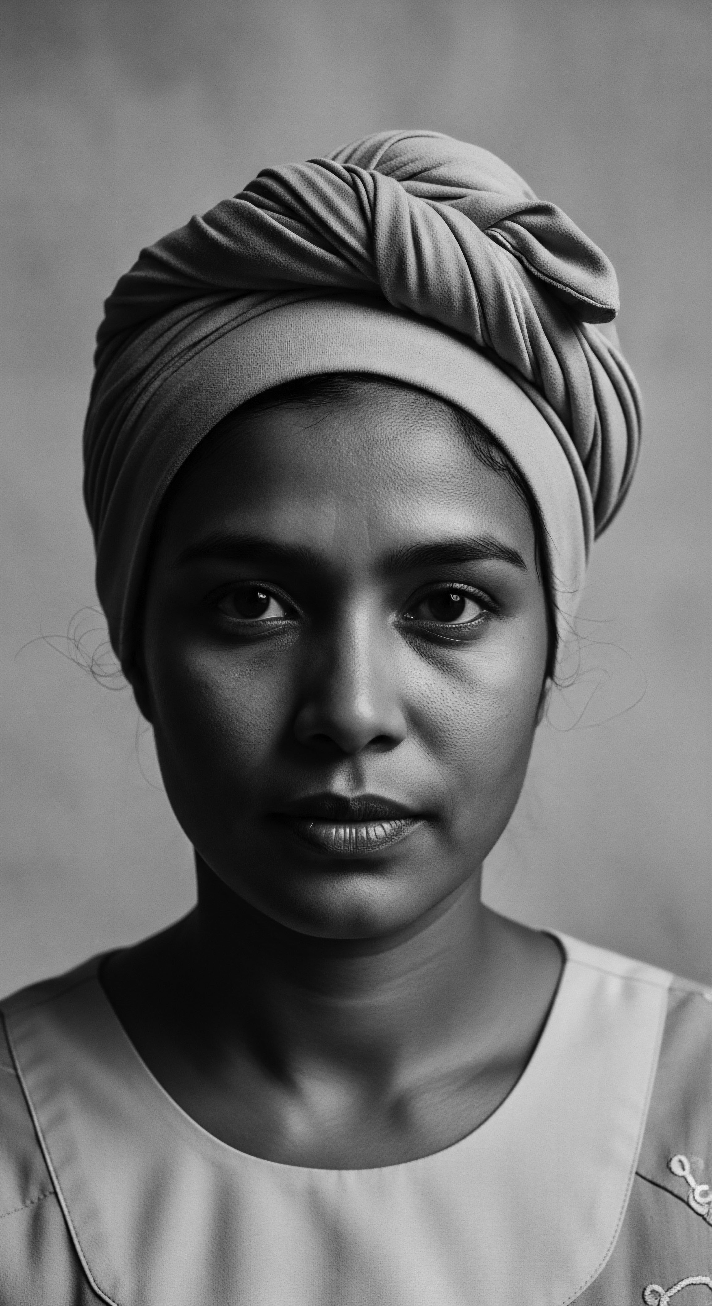 Woman with Traditional Head Wrap Portrait: Melanin Rich Sebaceous Balance Focus The dignified portrait explores cultural traditions through a sebaceous balance focus, with an elegant head tie enhancing her heritage, reflecting expressive styling techniques and holistic care practices for maintaining healthy low porosity high-density coils within a framework of ancestral heritage identity affirmation.