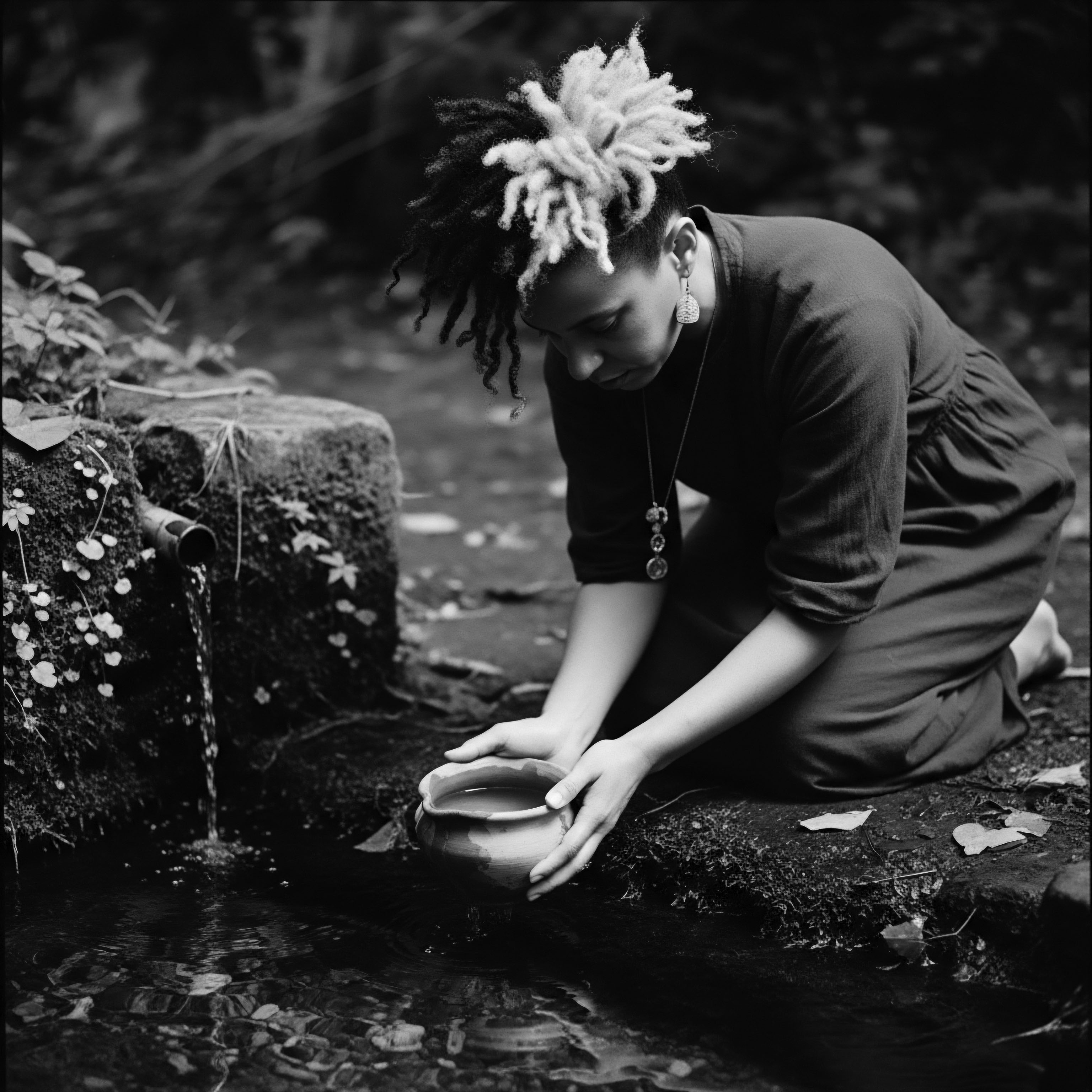 The monochrome depiction of a woman drawing water highlights the symbolic nature of purity and renewal, mirroring the care practices rooted in traditions of holistic textured hair care for vibrant coils. The act evokes connection to natural elements and ancestral heritage within wellness and expressive styling.