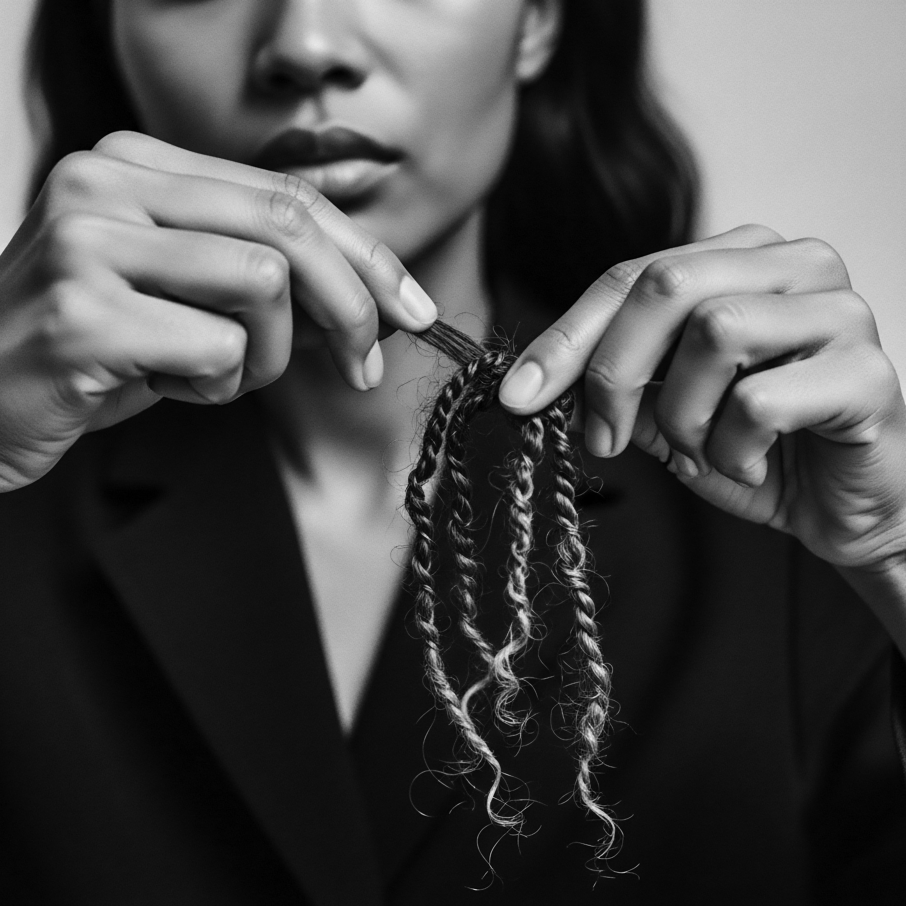 Woman’s Hands Examining Twisted Strands Black Textured Hair Against Neutral Backdrop The focused examination of spiraled textured hair in this image evokes the deep connection between self-care, heritage, and the deliberate art of nurturing ancestral hair patterns emphasizing the importance of thoughtful hair practices and highlighting the inherent beauty found within textured hair.