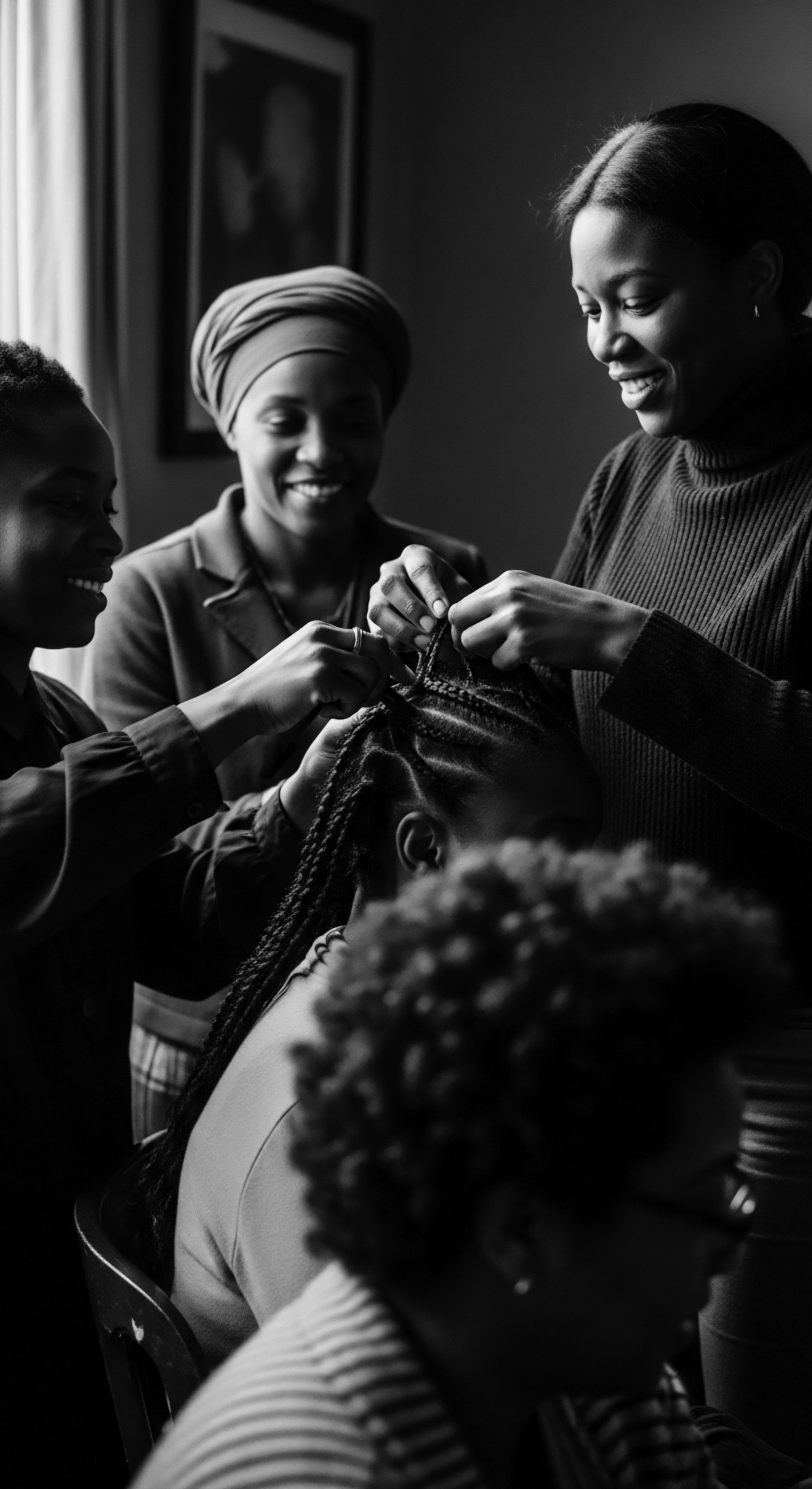 Women Braiding Textured Hair Black Hair Traditions Expressive Styling Portrait Radiant smiles reflect connection as textured hair is meticulously braided affirming cultural heritage, community and the art of expressive styling. This moment underscores the deep rooted tradition of Black hair care as self care, celebrating identity and skilled artistry in textured hair formation for wellness.