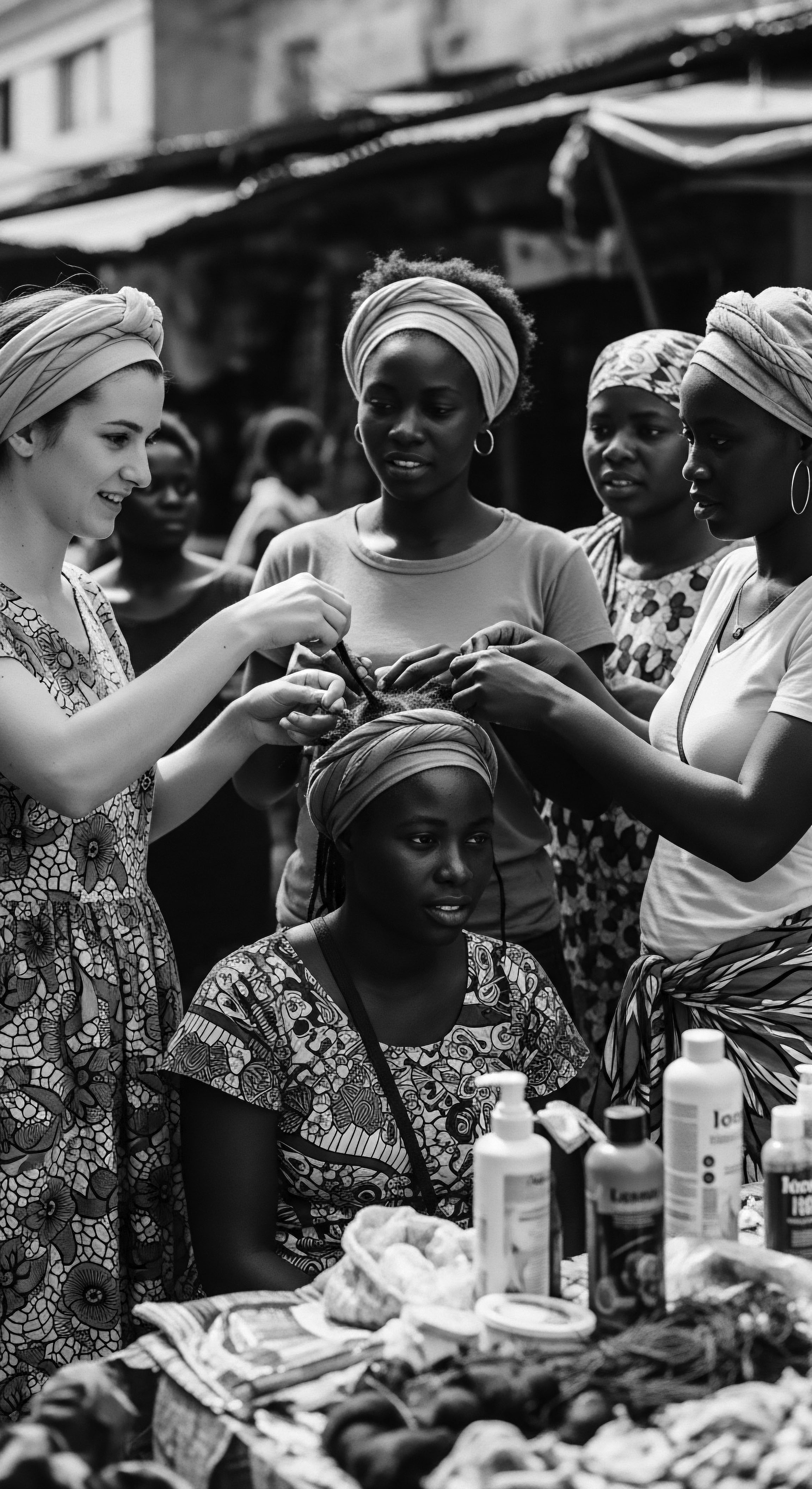 Women Braiding Textured Hair Cultural Exchange and Hair Care Practices Women braid textured hair, passing down ancestral techniques in a scene celebrating Black hair traditions. This practice demonstrates deep commitment to heritage while emphasizing beauty, self-expression, and the significance of communal support for holistic hair wellness.