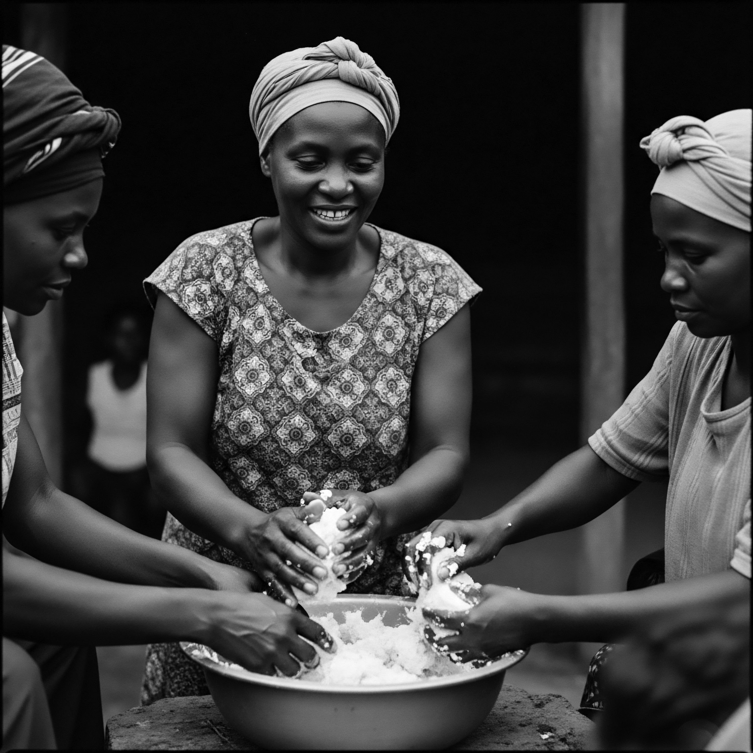 Women Prepare Rice in Traditional African Setting Textured Hair Present The monochrome study shows hands united, shaping heritage through generations of ancestral traditions, communal preparation and holistic wellness. Each coil, each strand, symbolizes the strength and resilient beauty passed down, a testament to the enduring spirit woven through every coil.
