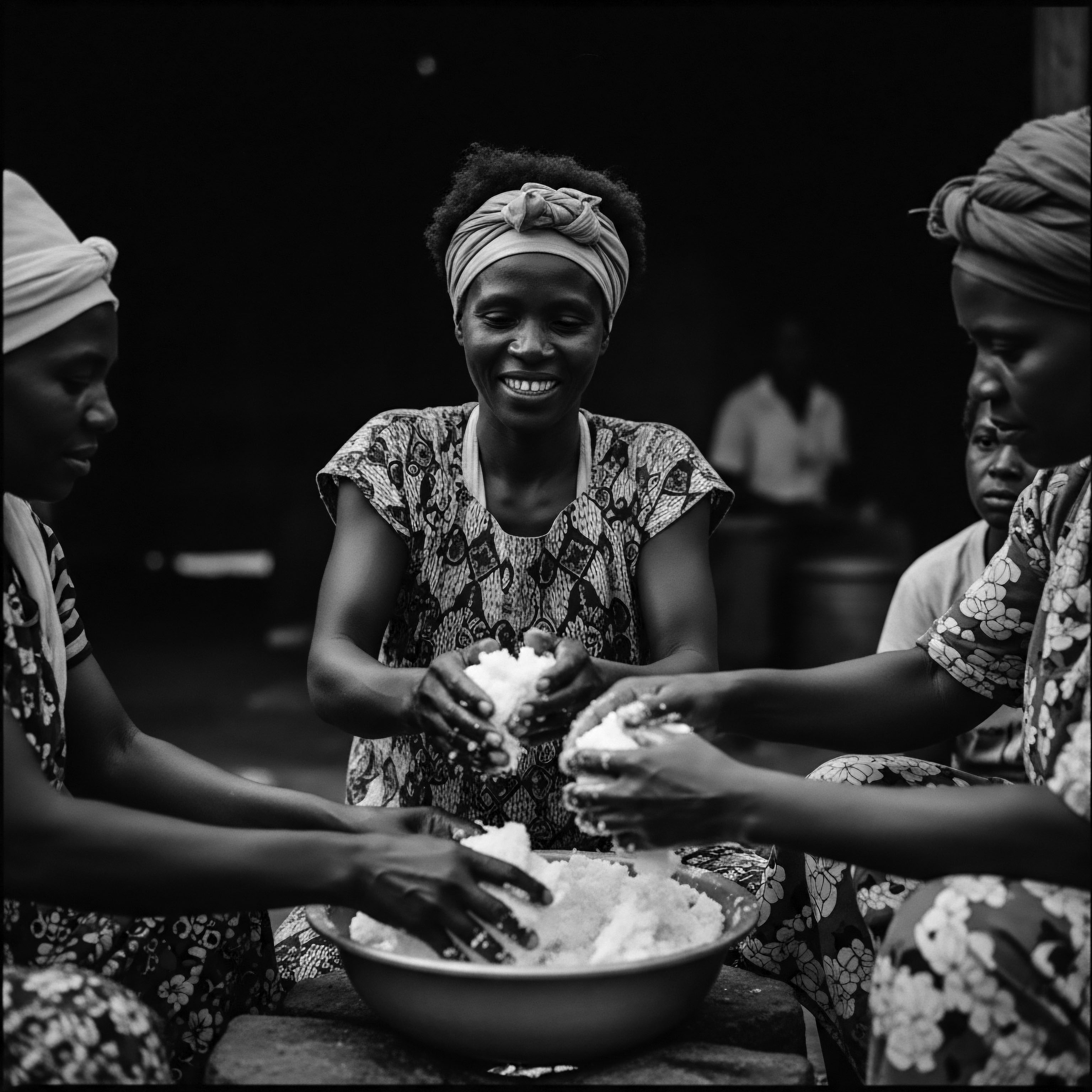 Women Sharing Food Preparation Ancestral Heritage and Hair Care Traditions The image captures women’s involvement in food preparation alongside their head coverings reflective of cultural heritage, suggesting shared ancestral knowledge, with possible references to ingredients and practices that resonate with holistic textured hair wellness and traditions of beauty within their communities.