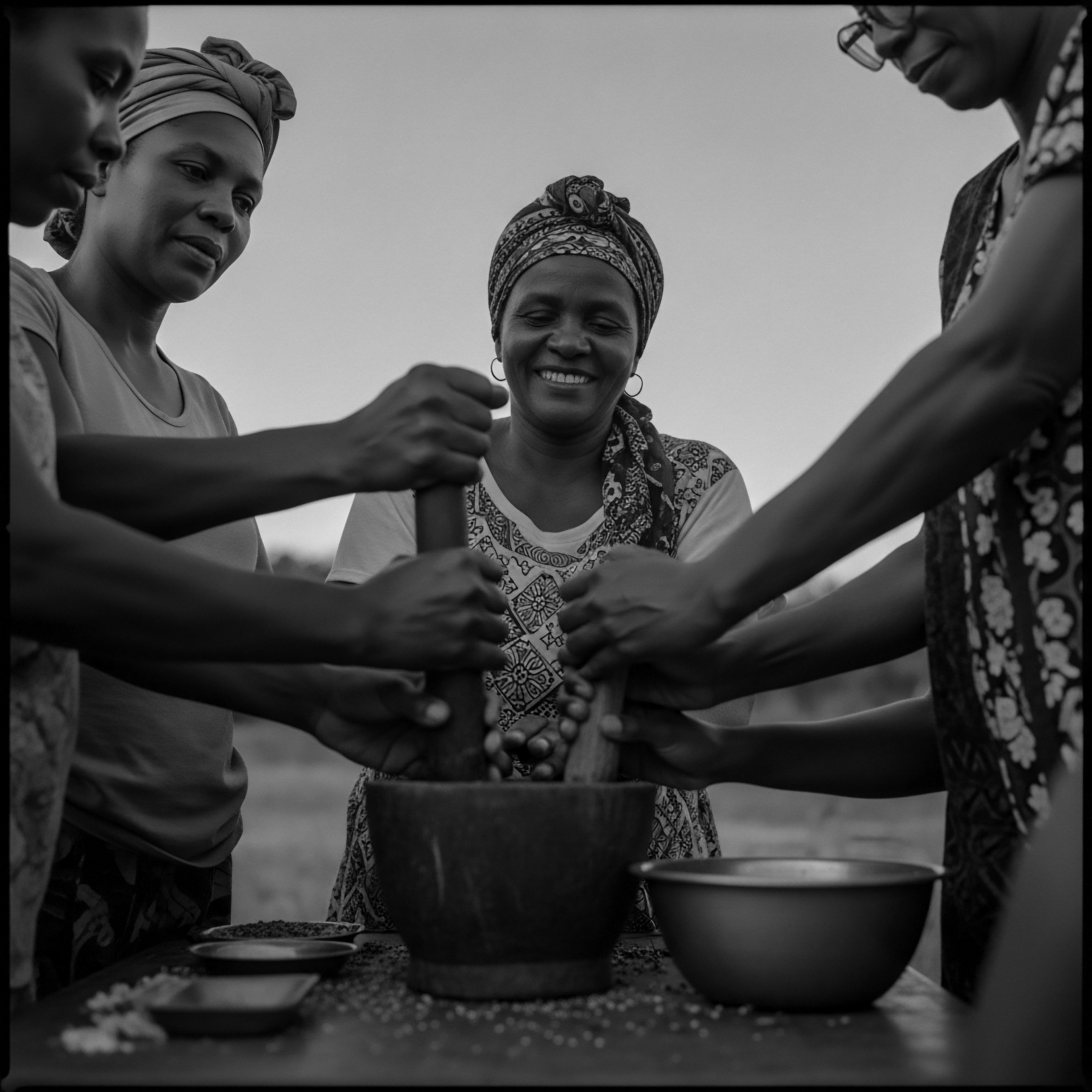 A monochrome photograph captures a group of African women collaboratively grinding spices using a mortar and pestle. Their hands, positioned around the bowl, suggest a shared ancestral task. Headwraps and traditional attire connect to deep rooted traditions. Holistic practices, wellness, spice grinding process, and herbal remedies echo generations.