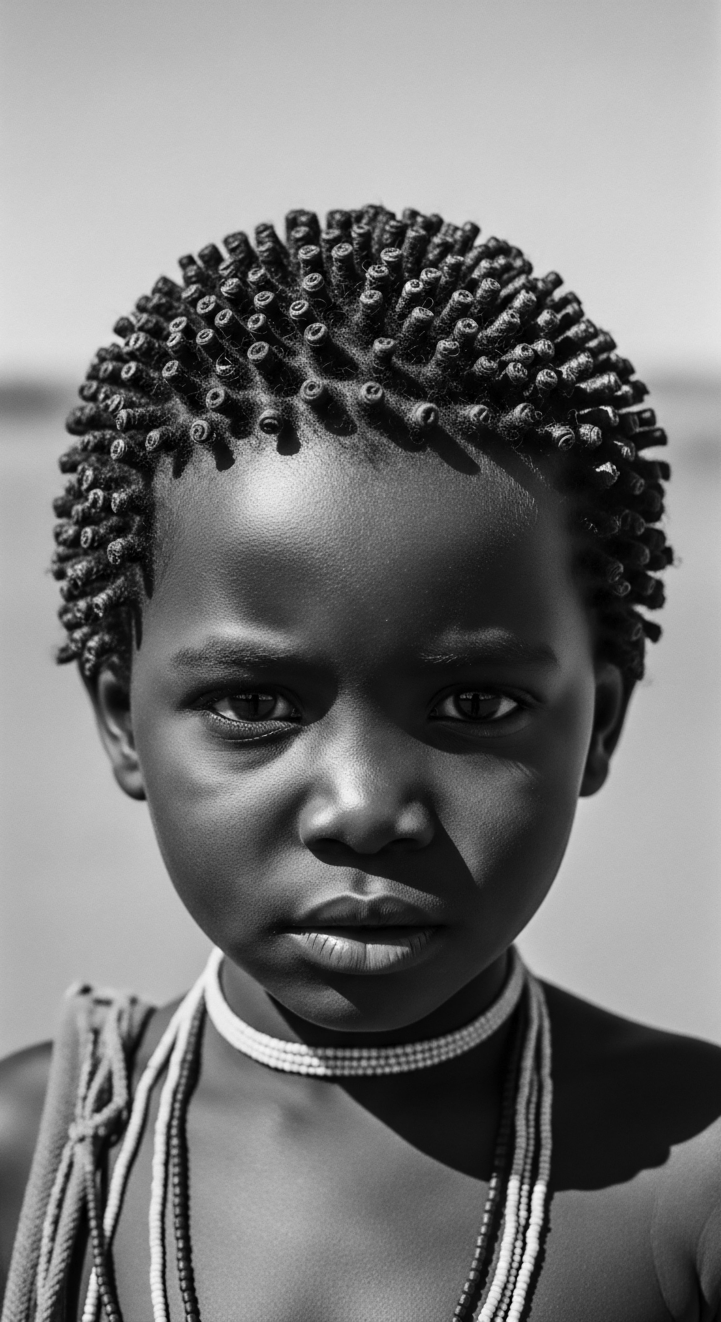 The child's steady gaze meets the viewer, a testament to resilience and cultural pride a sculptural crown of coiled hair and traditional adornments narrates a story of heritage, beauty, and the enduring art forms embodied within Black hair traditions and expressive styling.