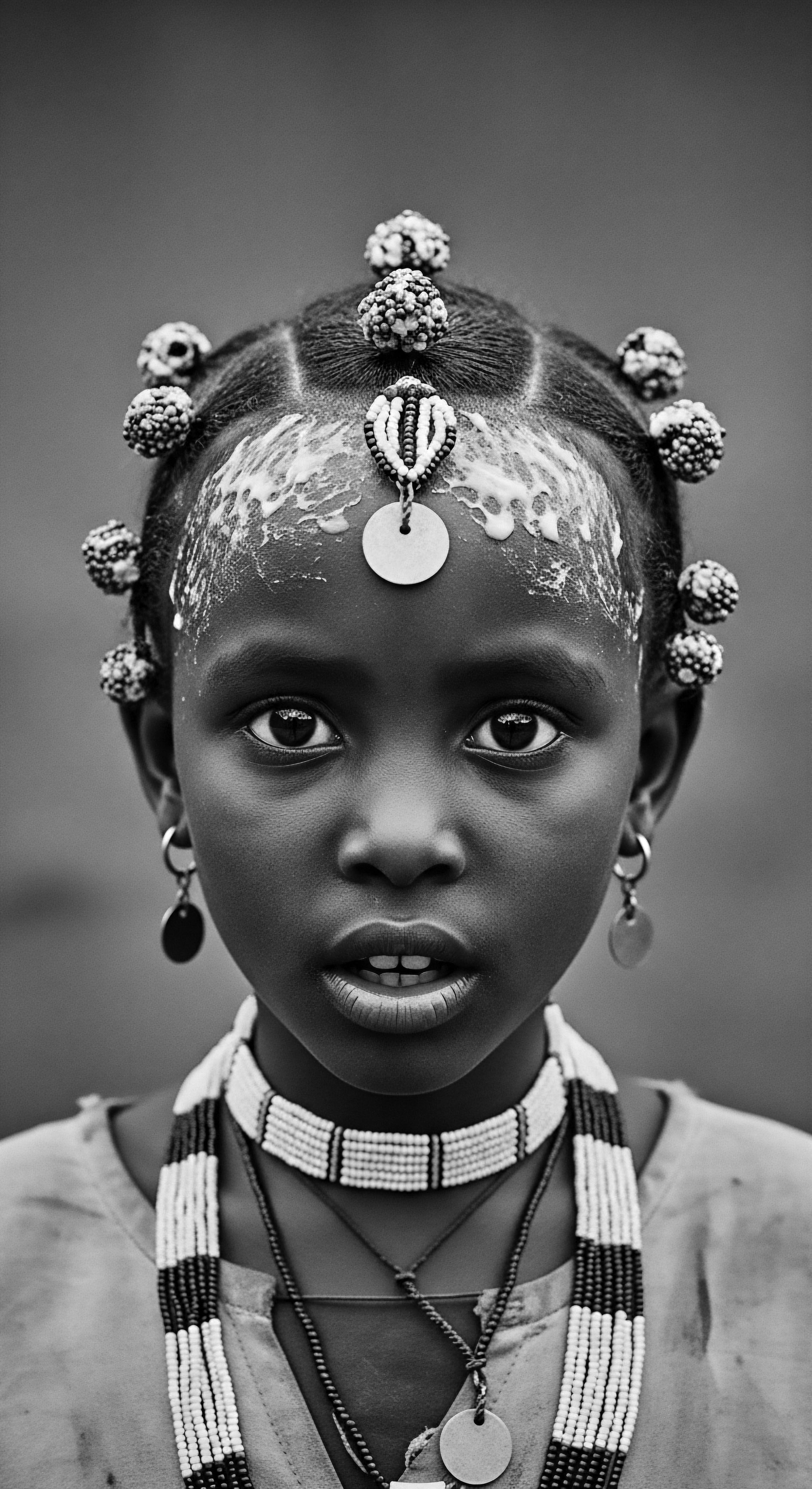 Young Girl Adorned with Traditional Beads Displaying Textured Hair Braids The young girl's dignified gaze, accentuated by traditional adornments and intricately braided, tightly coiled hair, serves as a potent visual narrative, connecting personal identity with ancestral heritage, demonstrating the enduring beauty and cultural significance of textured hair in Black hair traditions.