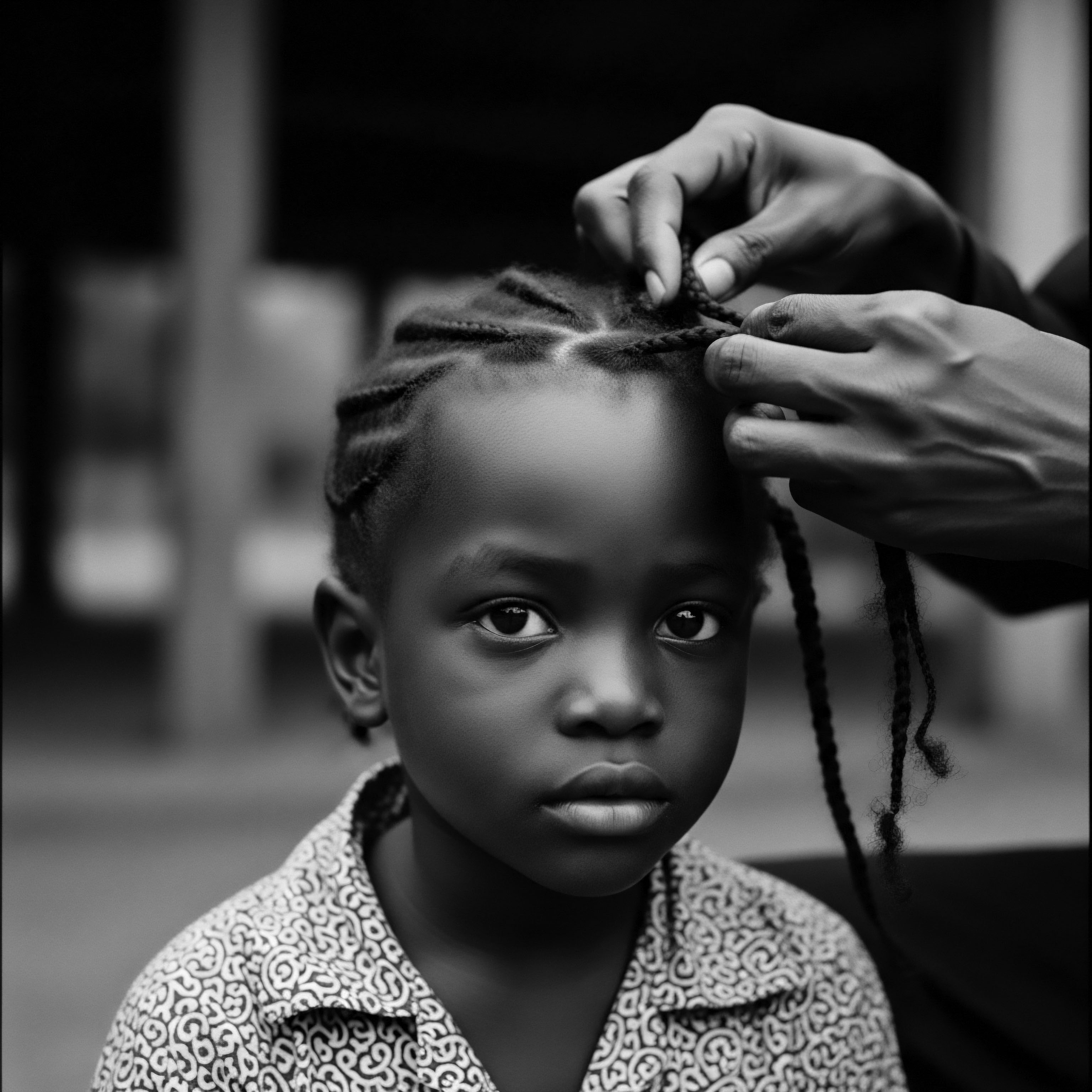 Young Girl Receiving Intricate Braids Rooted in Heritage and Holistic Care This portrait highlights the enduring cultural heritage embedded in Black hair traditions. Skilled hands braid the young girl's hair into geometric cornrows, epitomizing self expression it's a blend of ancestral practice and loving care.