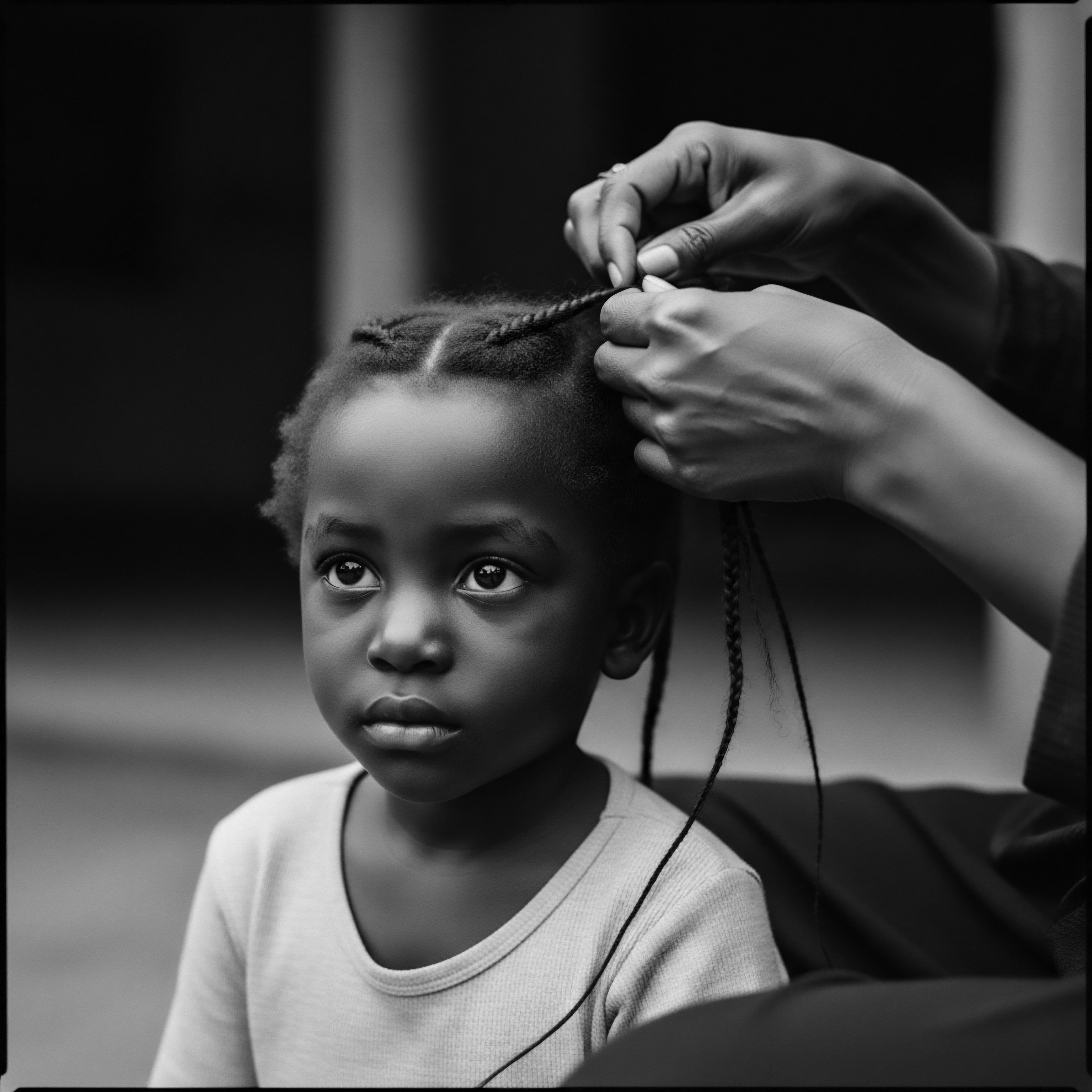 Young Girl Receiving Traditional Protective Hairstyle Black and White Portrait The image evokes the heritage of intricate braiding and protective styling, a practice passed through generations within the Black community. The photograph honors the delicate, textured nature of her hair, representing both self-expression and the preservation of time-honored care rituals, reflecting a deep connection to ancestry and holistic wellness.