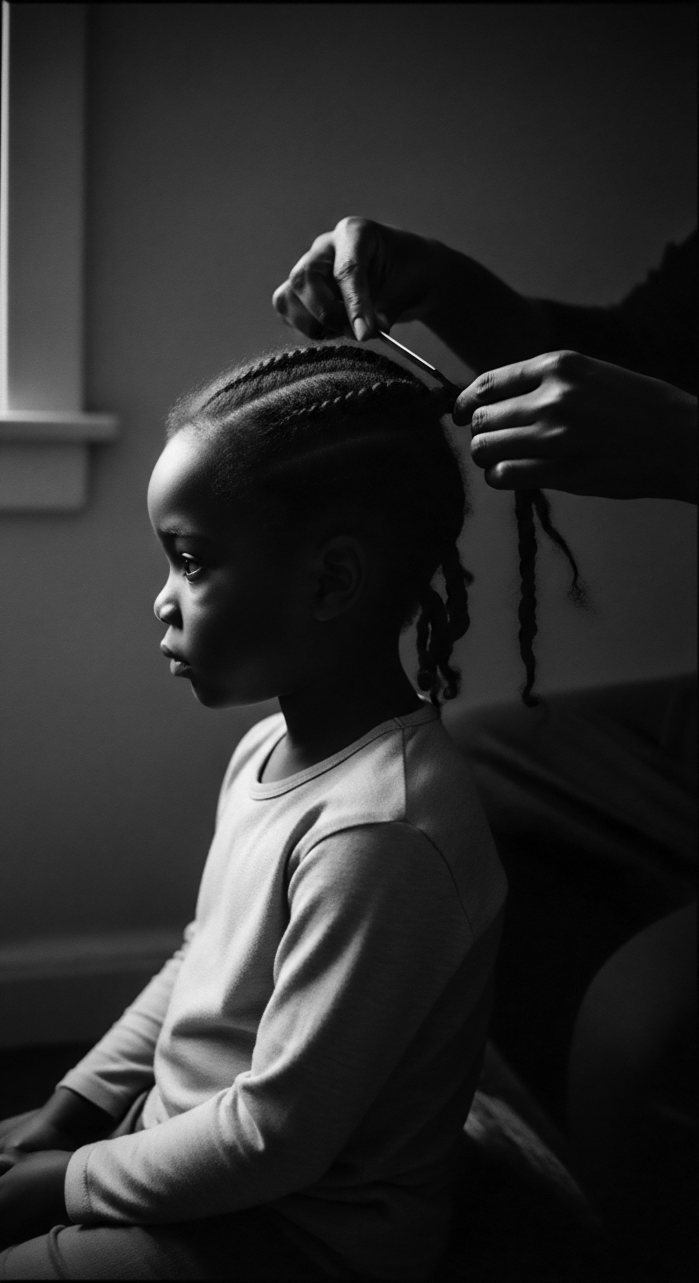 Young Girl with Cornrows Being Styled Black and White Portrait With focused hands expertly braiding, the scene captures a moment of intimate care and cultural heritage. The young girl sits patiently with beautifully braided rows, a testament to the enduring traditions of Black hair styling, showcasing the artistry, precision, and intergenerational love involved in protective style creation.