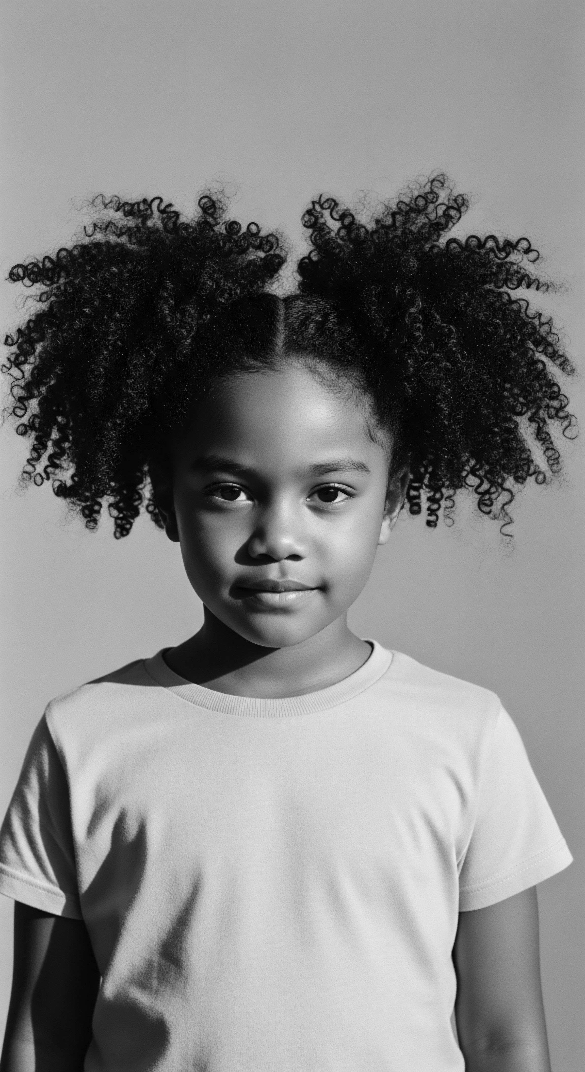 Young Girl’s Afro Puffs Embrace Black Hair Heritage and Spiraled Texture This portrait captures the youthful vibrancy and beauty of high-density coils, celebrating Black hair heritage and ancestral pride through expressive styling. The image resonates with themes of self-love, cultural identity, and holistic hair care for healthy helix definition.