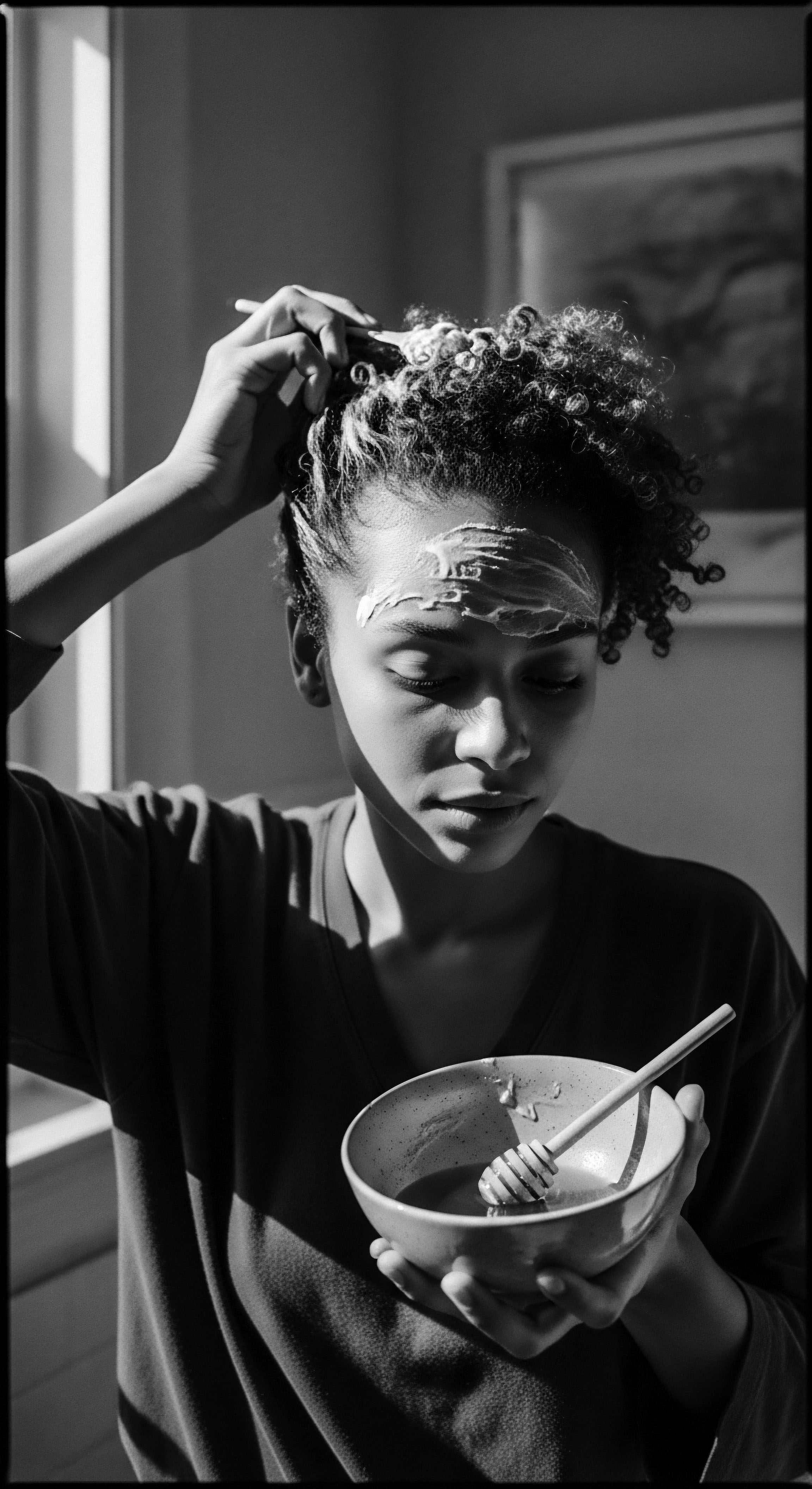Young Woman Applies Holistic Hair Mask for Natural Coil Definition Black and White This monochrome portrait encapsulates a mindful moment as the woman applies her holistic treatment, promoting the health and definition of her coils. The photograph celebrates her connection to ancestral self-care practices, highlighting the beauty and strength found in textured hair and its unique spiral patterns.