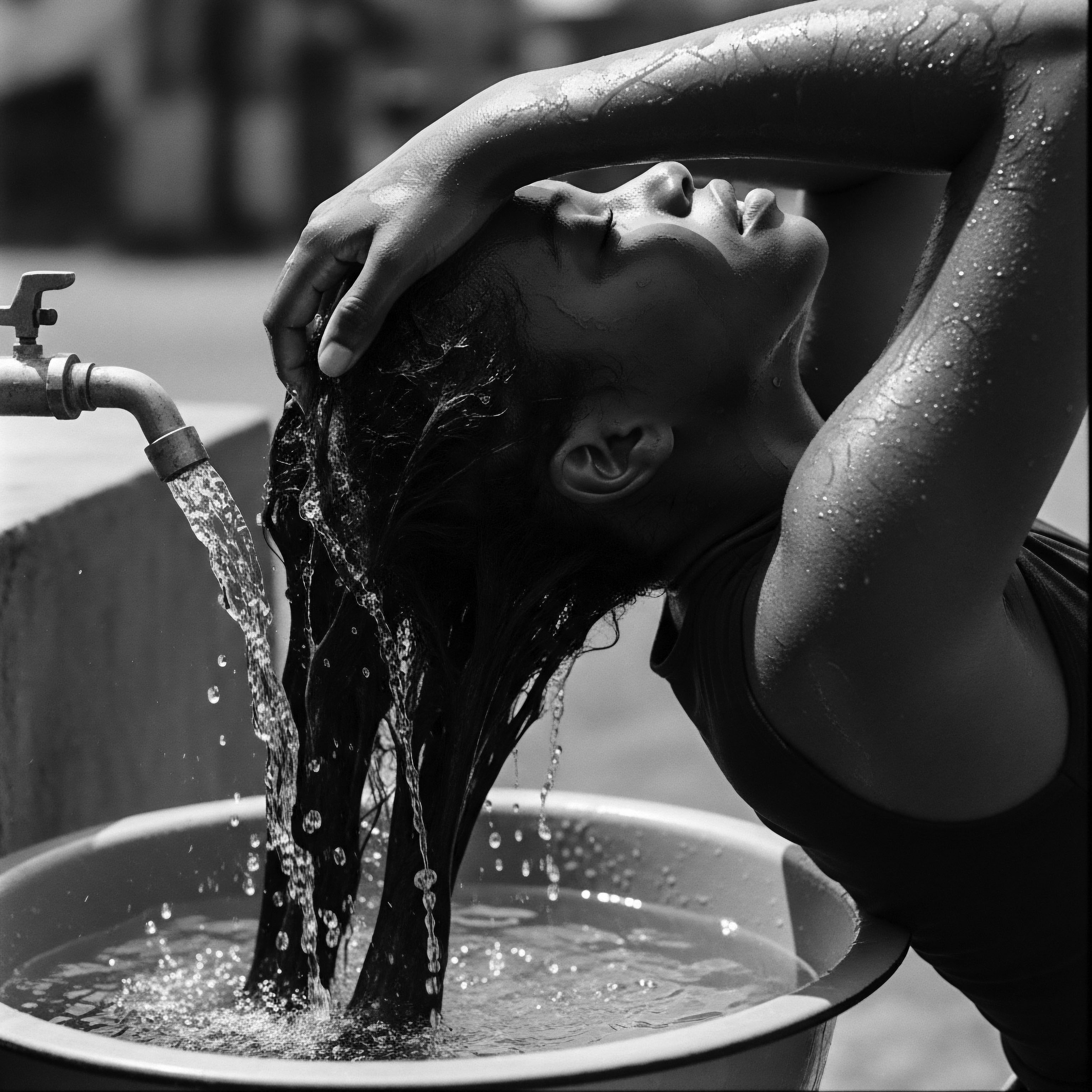 Young Woman Cleansing Textured Hair in Basin Outdoors Black and White Bathed in natural light, a young woman’s textured hair receives a traditional wash the image celebrates heritage, embracing ancestral hair traditions and the simple ritual of care, highlighting the deep cultural connection that comes with natural ingredients, wellness, and self-expression in the African diaspora.