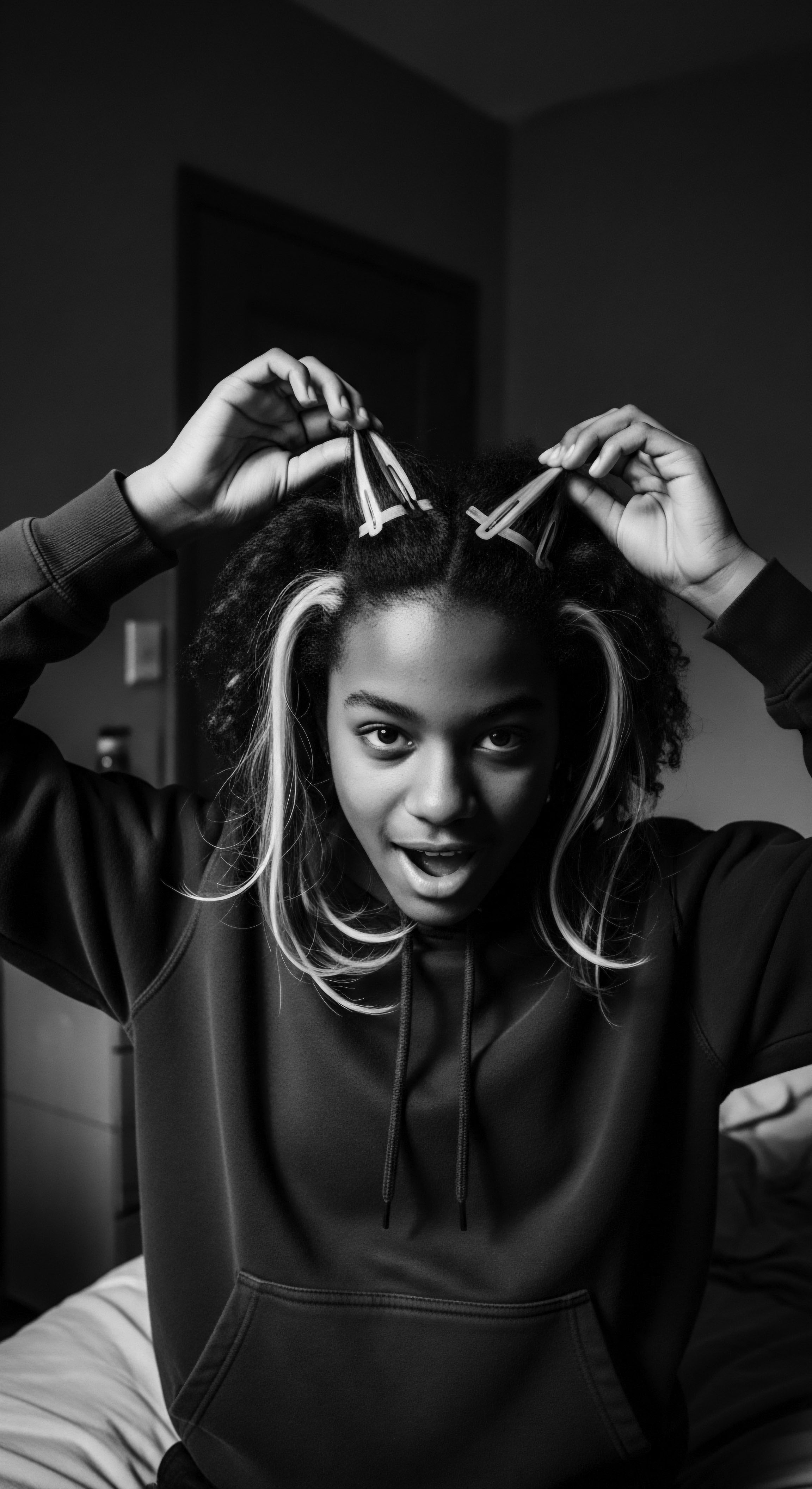 Young Woman with Bobby Pins Styling Natural Textured Hair and Blonde Highlights Playful experimentation with bobby pins embodies self-expression through textured hair, embracing both its natural pattern and incorporating modern blonde highlights. This visual moment celebrates individualized styling rooted in heritage while exploring contemporary flair, capturing the essence of personal identity with confidence and freedom.